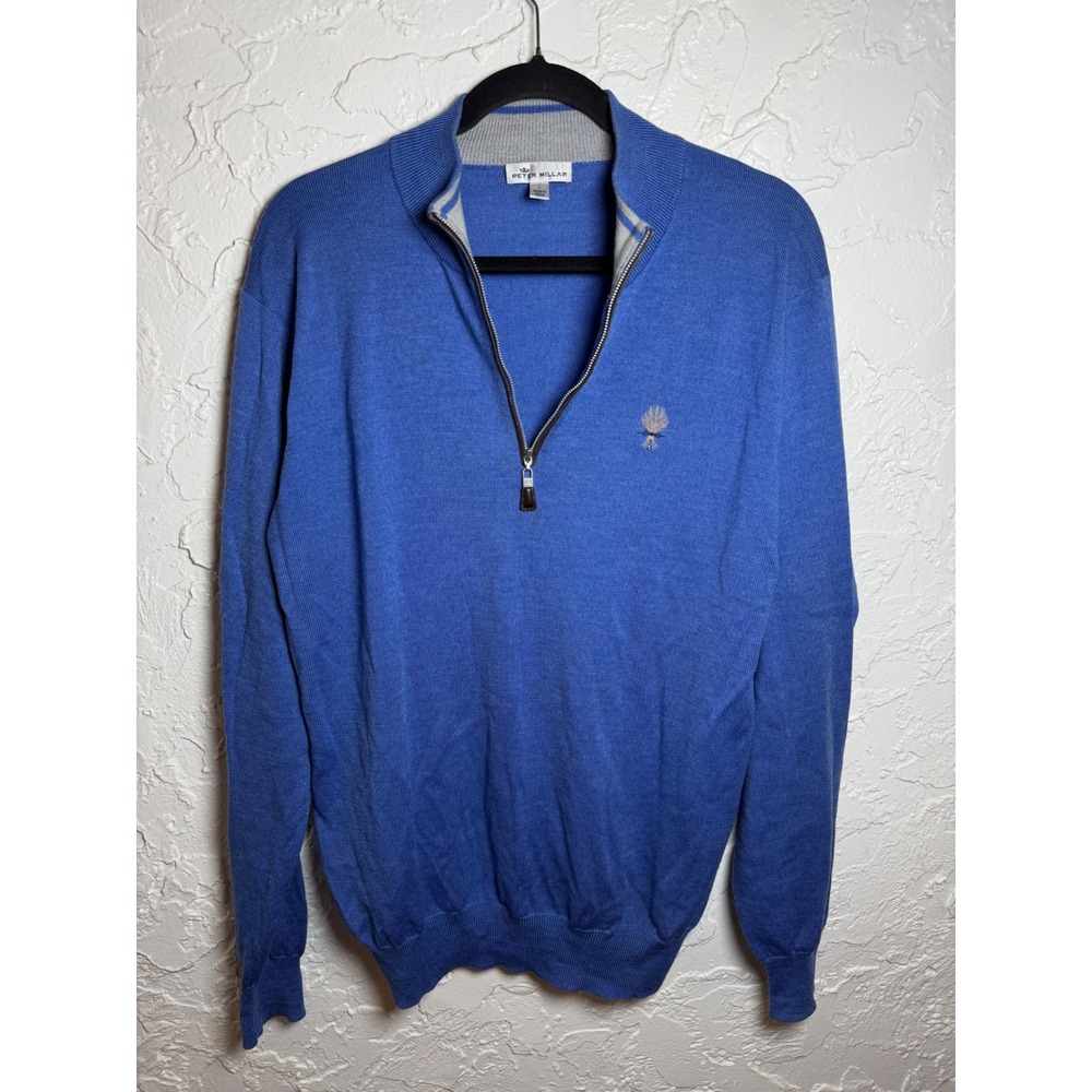 Peter Millar Mens Blue Merino Wool Silk Quarter Zip Sweater Wheat Logo Large